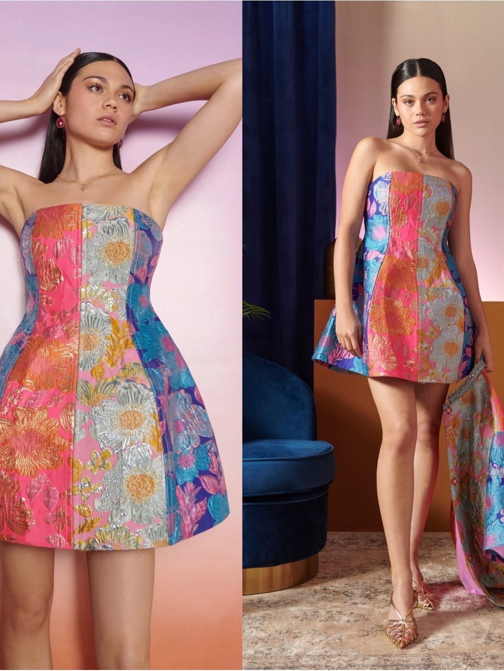 Celia B Cosmica Jacquard Multicolor Printed Strapless Mini Dress Small